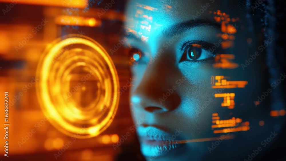 Poster a close-up view of a woman's face with a futuristic interface in the background, suitable for use in