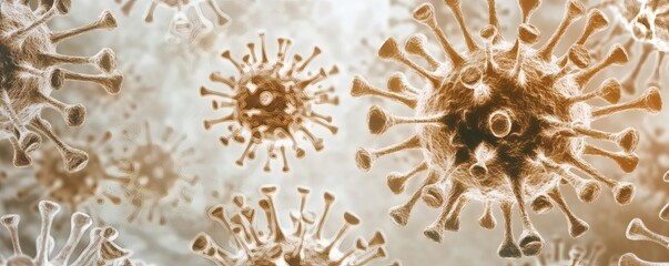 Rendered image of various microscopic biological viral structures in detail
