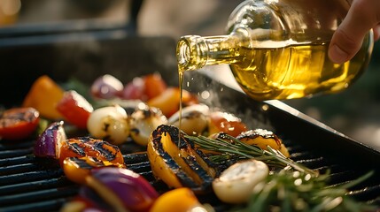Hand pouring garlic oil onto grilled vegetables