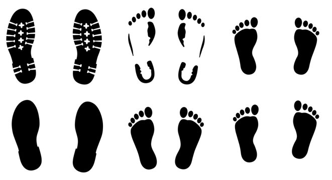Collection of footprint and shoe print silhouettes isolated on white background