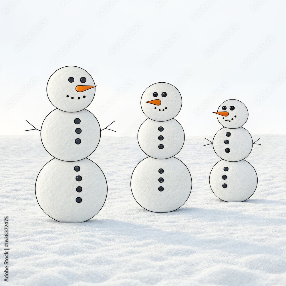 Poster three snowmen standing in a snowy field each with different sizes and carrot noses and button detail