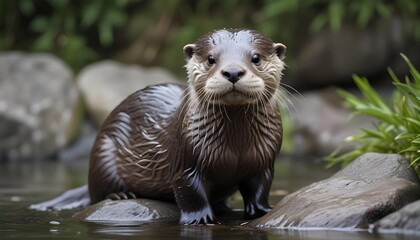 Obraz premium This adorable otter gazes intently while resting on a rock in the river, showcasing its wet fur.