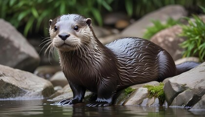 Obraz premium A curious otter looks directly at the camera from the water's edge, surrounded by rocks.