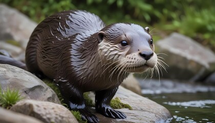 Fototapeta premium A charming river otter with wet fur, resting near a river's edge.