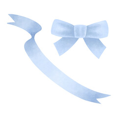 Hand-drawn watercolor blue ribbon and bow isolated on white background. Decorative element in pastel tones for festive designs, greeting cards