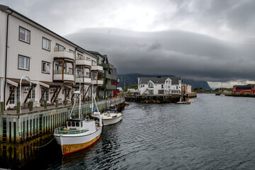 Fototapeta premium Harbor With Fisher Boats In Henningsvaer City On Lofoten Islands In Norway