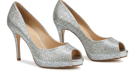 Obraz premium Sparkling silver glitter peep toe high heel shoes isolated on white background