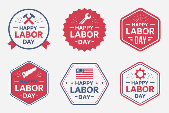 Labor Day badge collection, patriotic emblem set, USA celebration vector, American worker holiday, festive label design