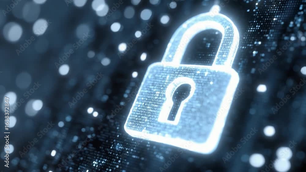 Poster digital security: a luminous digital padlock, symbolizing protection and safety in the vast expanse 