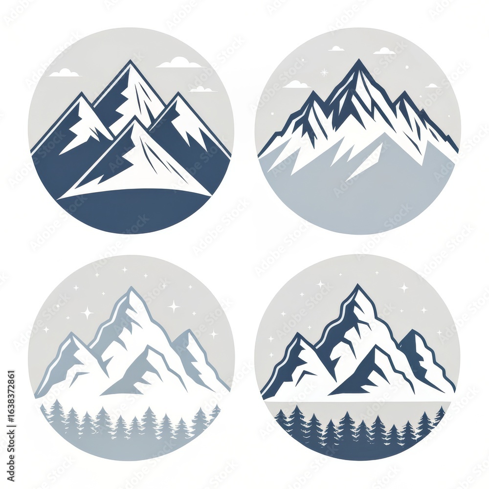 Poster four circular mountain illustrations with varying colors and landscape elements in a grid pattern