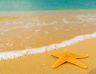 Golden starfish on sandy beach, waves
