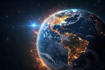 Naklejka premium Planet earth glowing with city lights at night, seen from space with fiery atmosphere