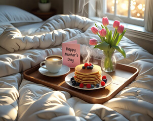 Delightful breakfast surprise celebrated with loving touches on a sunny Mother's Day morning