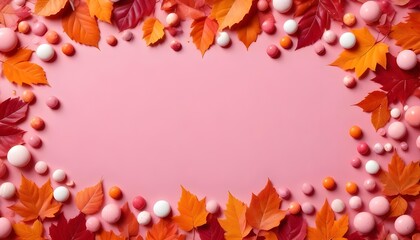 Obraz premium Autumn leaves and candy form a delightful frame on a pink background.