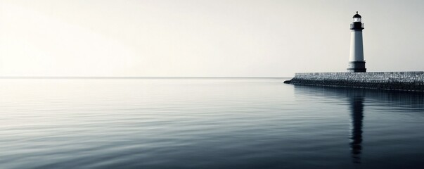 A solitary lighthouse stands by calm water under a clear sky