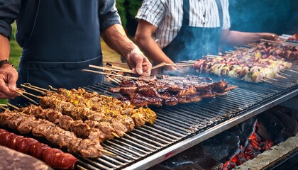 traditional cuisine with grilled meat prepared by local chef on outdoor barbecue grill food meat grill bar b q skewer