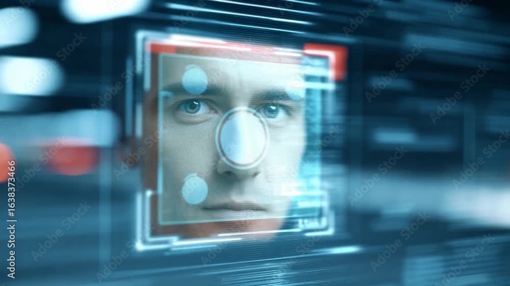 Poster Facial Recognition in Technology: A man's face is scanned and analyzed by an advanced facial recognition system, highlighting the intricate details of biometric data for security and authentication.