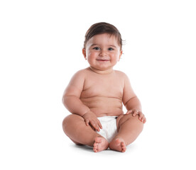 Cute little baby sitting on white background