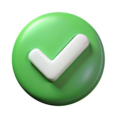 Round Green 3D Plastic Checkmark Icon with White Beveled Symbol on Transparent Background