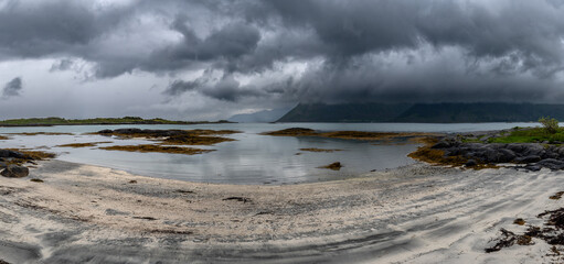 White Sand Beach With Mountain And Fjord On Lofoten Islands In Norway