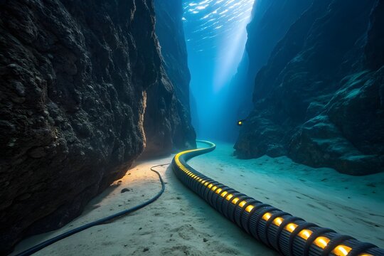 Underwater submarine cable laid on the seabed in a deep ocean canyon with light rays - Powered by Adobe