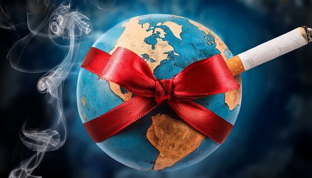 red ribbon with no smoking wraps around earth emphasizing that smoking kills and harms globally cigaret te tobacco ash