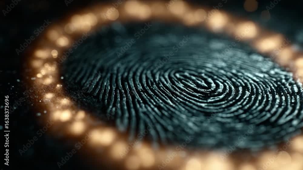 Poster fingerprint security: a macro shot of a fingerprint illuminated by a golden glow, showcasing cutting