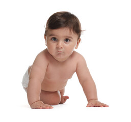Cute little baby in diaper on white background