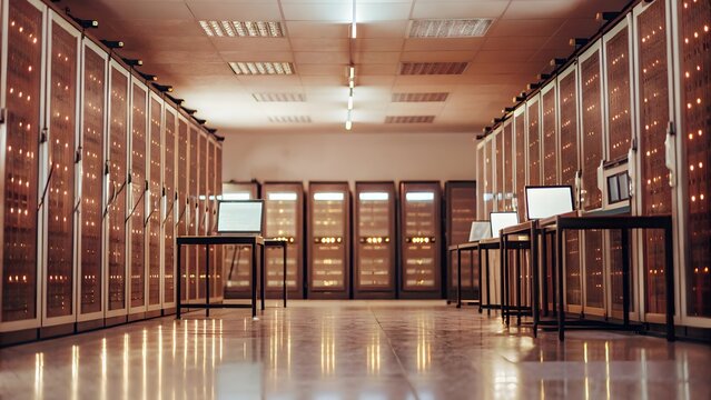 Vintage server room with rows of old computer cabinets and warm lighting, representing early data center technology
