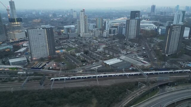 Aerial shot over Stratford, London at evening