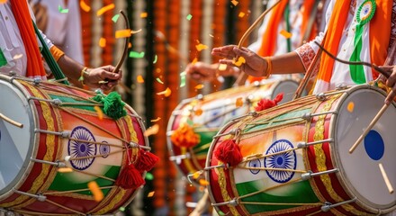 Drummers Celebrating with Traditional Indian Dhols at a Cultural Festival with Colorful Decorations for Blogs, Cultural Events, Music Websites, and Festive Awareness Campaigns  