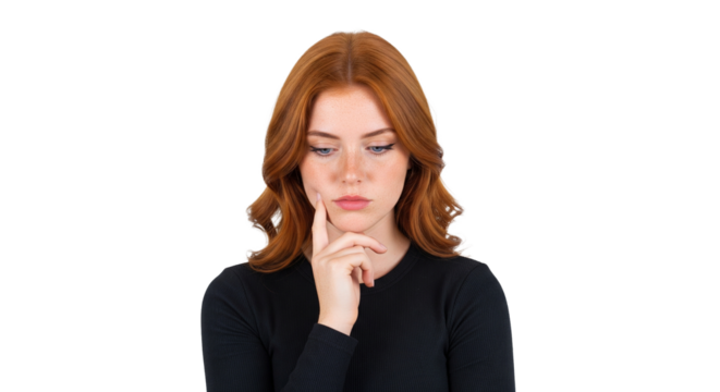 Rothaarige Frau – Hand am Kinn, transparenter Hintergrund, PNG