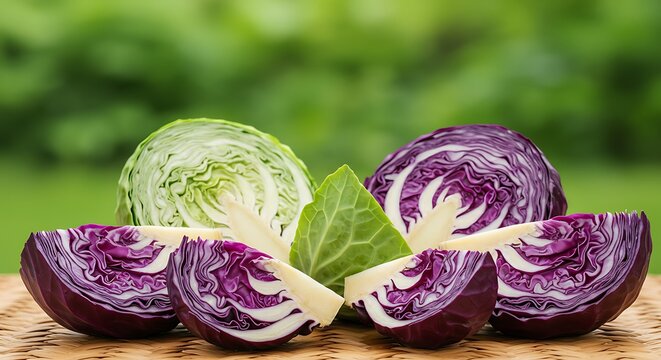 Fresh red and green cabbage halves isolated on green  background - Powered by Adobe
