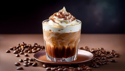 a glass filled with iced coffee topped with a generous dollop of whipped cream and sprinkled with chocolate shavings coffee top drink