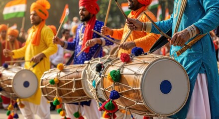 Indian Drummers Playing Traditional Dhol at Cultural Festival Celebrations with Colorful Attire for Blogs, Event Promotions, Cultural Awareness, and Social Media Content  