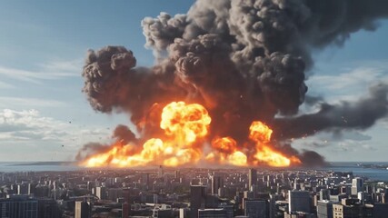 Dramatic urban explosion with fire and smoke dominating the skyline. - Powered by Adobe