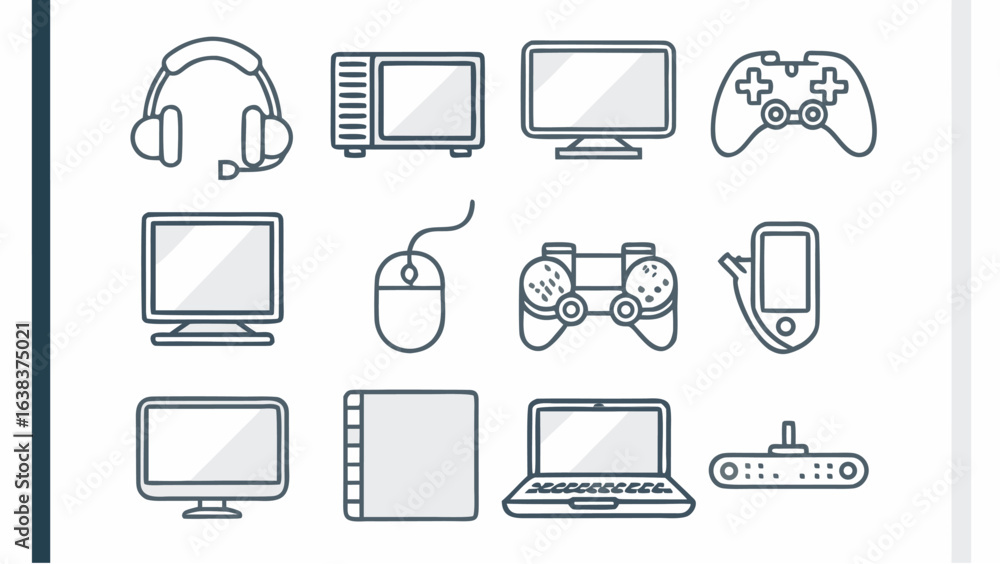 Poster illustration showing various gaming and computer devices including headphones and game controllers a