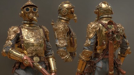 Obraz premium Intricately Designed Steampunk Soldier in Brass Armor with Unique Gadgets and Detailed Textures