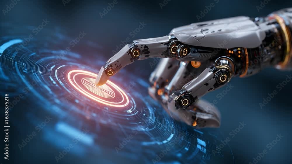 Poster robotic hand on futuristic interface: a cutting-edge robotic hand interacts with a glowing digital i