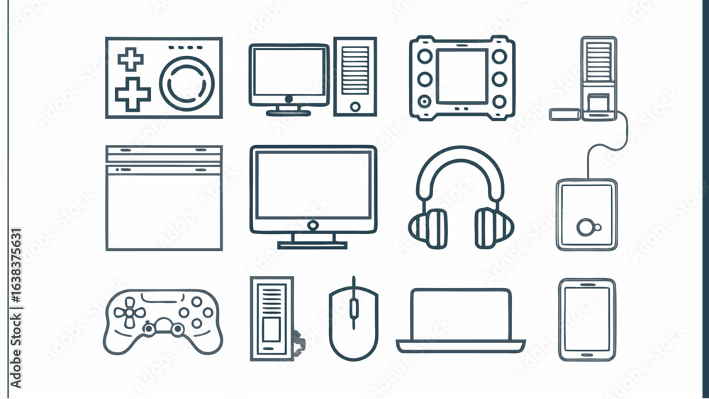 Poster a collection of outlined electronic devices including computer peripherals and gaming console access
