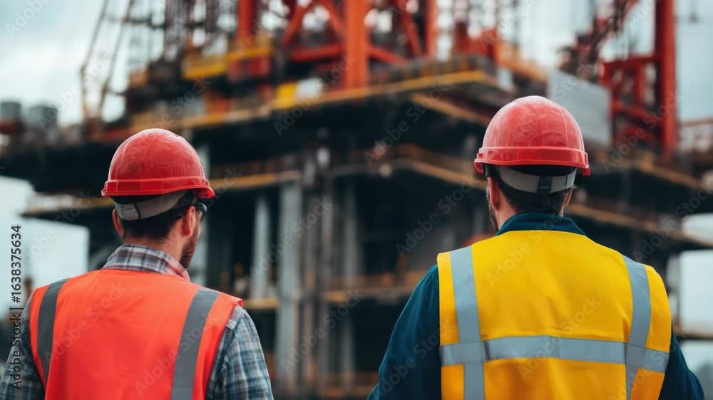 Poster two workers on a break outside a building under construction, potential for use in real estate or ar