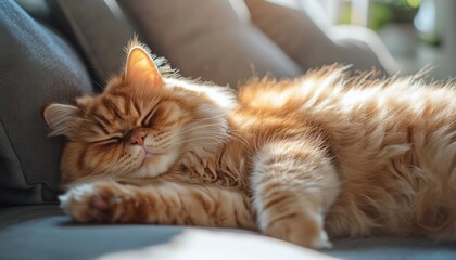 Stunning Image Of A Red Furry Persian Cat Lounging On A Sofa In The Warm Sunlight. Adorable Female Domestic Cat Captured Up Close.