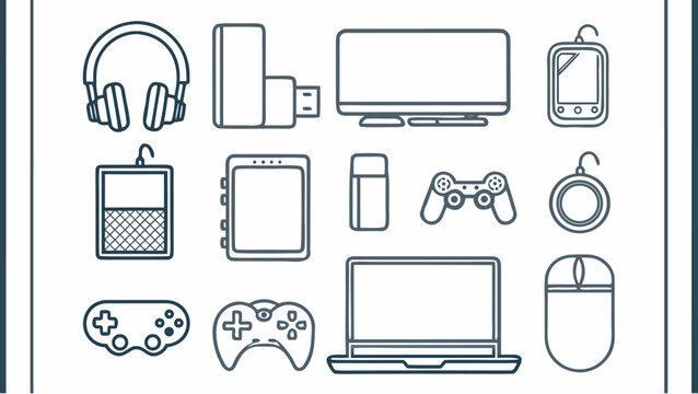 Illustration showing various electronic devices including headphones, tablet, and gaming controllers | editable eps vectors silhouette - Powered by Adobe
