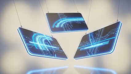 A futuristic concept of information display, showing three triangular holographic screens with glowing blue circuit patterns suspended in the air.