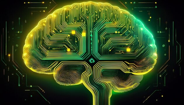 a digital brain intricate circuit design glowing green and yellow