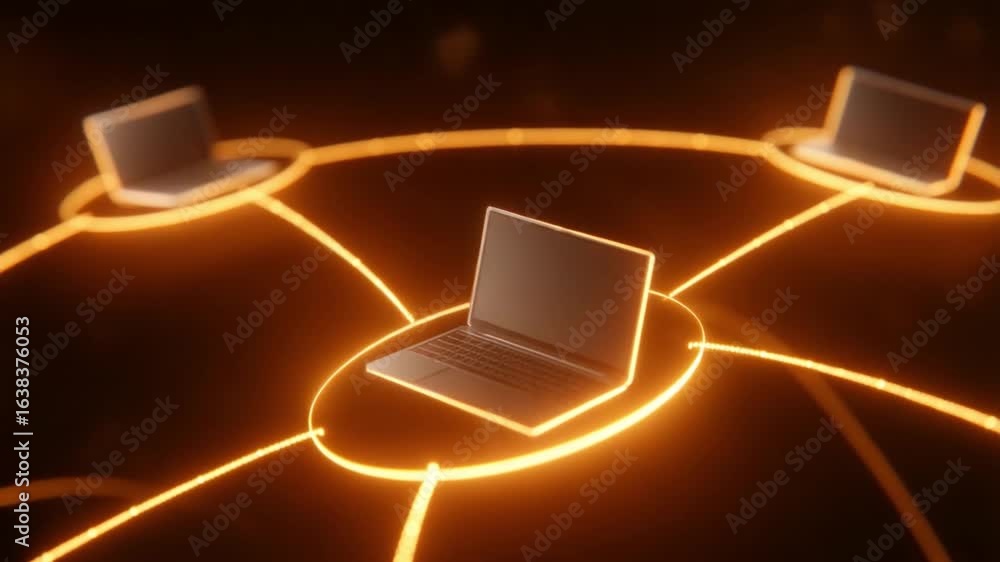 Aufkleber networked laptops: illustrative composition of interconnected laptops symbolizing digital networks, 
