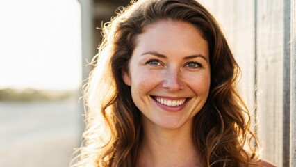 Obraz premium Bright portrait of a smiling woman with flowing hair, set against a sunlit background, radiating warmth and positivity.
