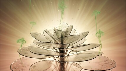 A beautiful and surreal image of a mechanical or glass flower with metallic petals, emitting wisps of green smoke or fragrance in a dream-like atmosphere.