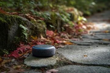 Smart speaker rests on a stone path surrounded by autumn leaves and mossy rocks, blending technology with nature's beauty