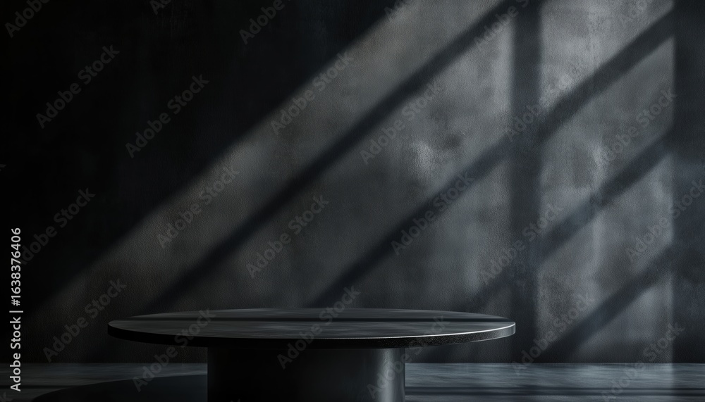 Poster composition of an empty table against a black wall with abstract shadows and light reflections - ide